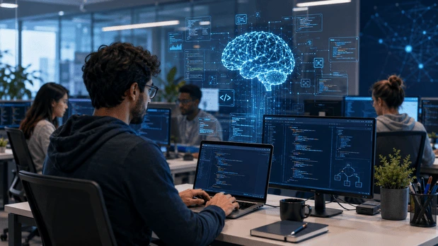 Software engineers working with AI-powered development tools in a modern tech workplace