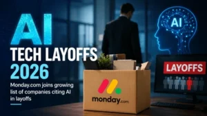 Illustration representing AI-driven layoffs in 2026 featuring Monday.com alongside major technology companies including Microsoft, Amazon, Meta, Google and Oracle.