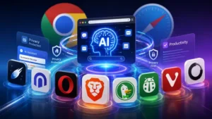 Illustration of AI-powered web browsers including Chrome and Safari alternatives competing in the 2026 browser market