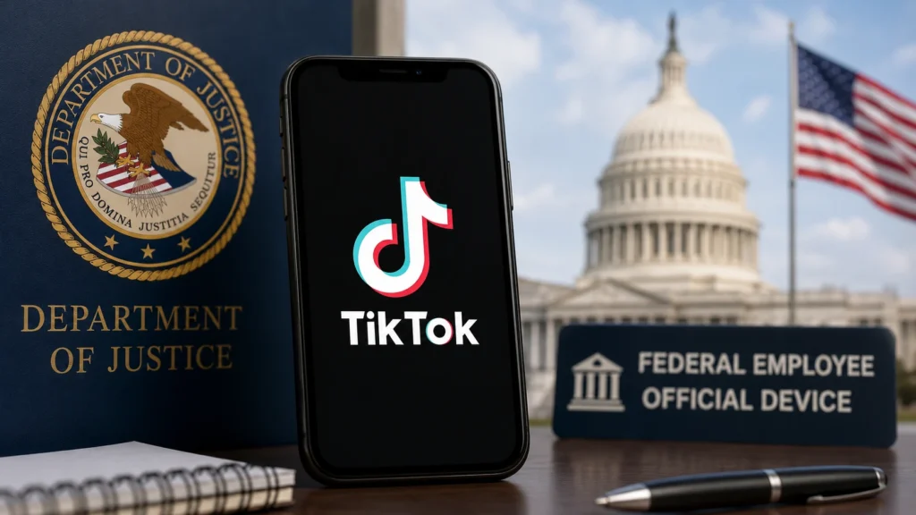 TikTok app displayed on a smartphone with a government office setting, representing the DOJ allowing federal employees to download TikTok on official work devices.