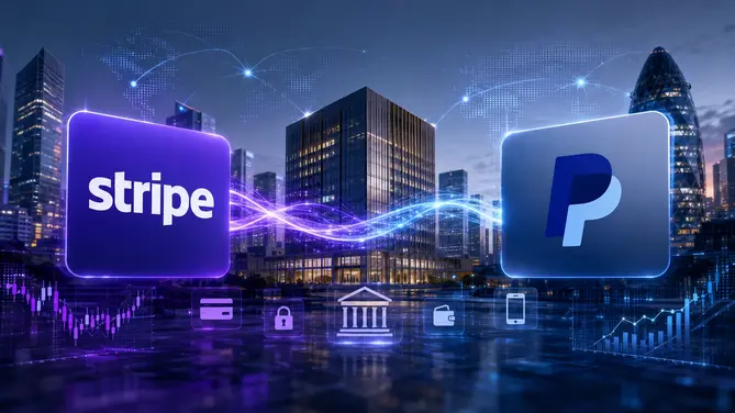 Stripe and Advent International logos representing the reported proposal to acquire PayPal in a major fintech deal